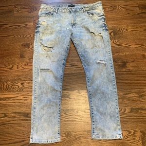 WT02 Mens Stone Wash Distressed Streetwear Blue jeans, Size 38x32